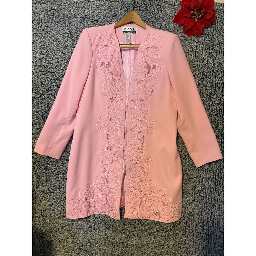 Women's Pink Floral Embroidered Open Jacket Size 14